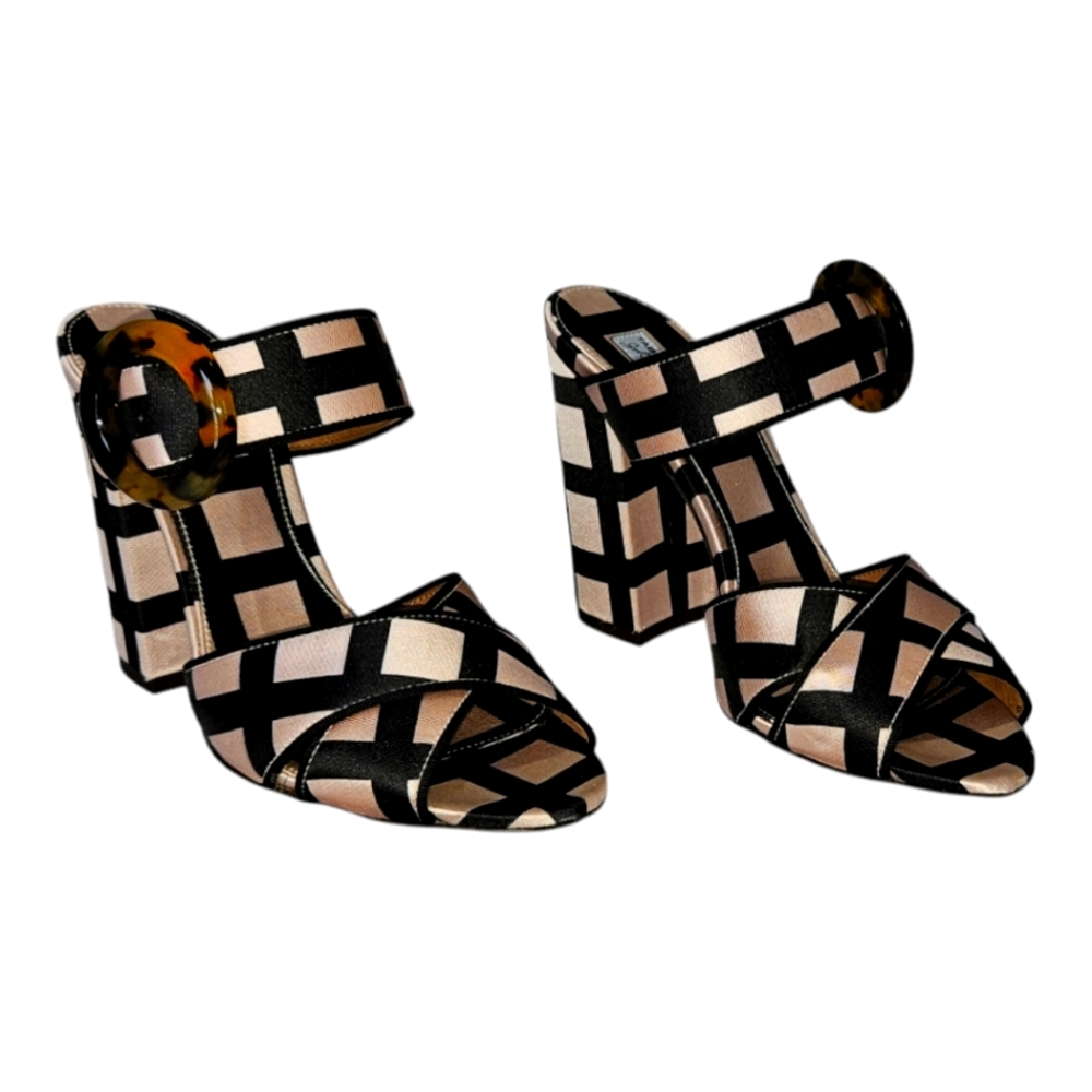 Tabitha Simmons Reyner Pink/Black Check Embellished Block Heel Sandals - Size 38